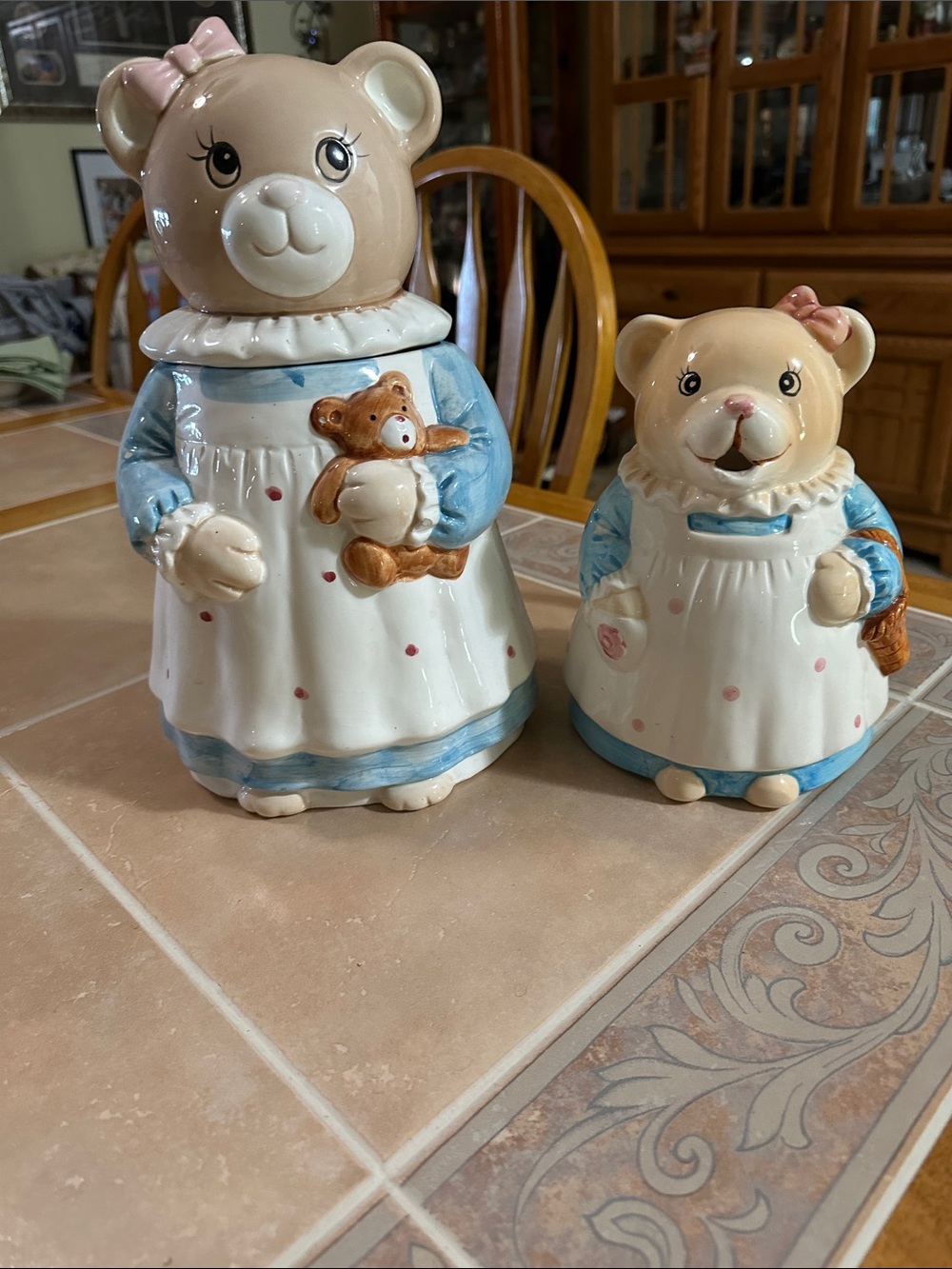 VTG Ceramic Bear Cookie Jars - Cream and Blue Decorative Set